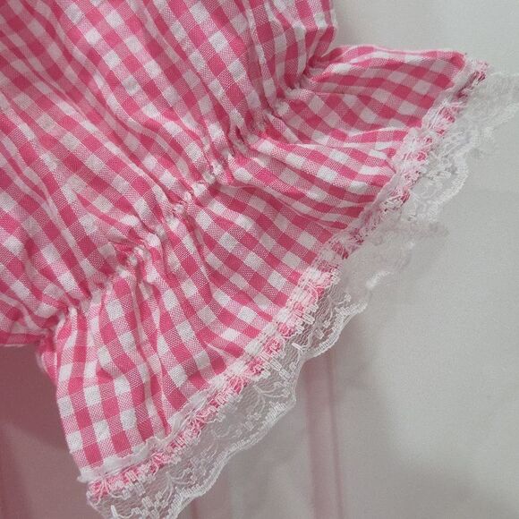 3 Big Notes Vintage Pink Gingham off the shoulder blouse, MEDIUM - Picture 5 of 6